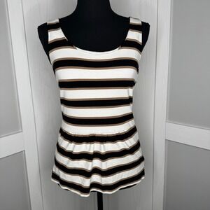 Banana Republic Peplum Top Womens 4 Black Tan Striped Side Zip Sleeveless 950154